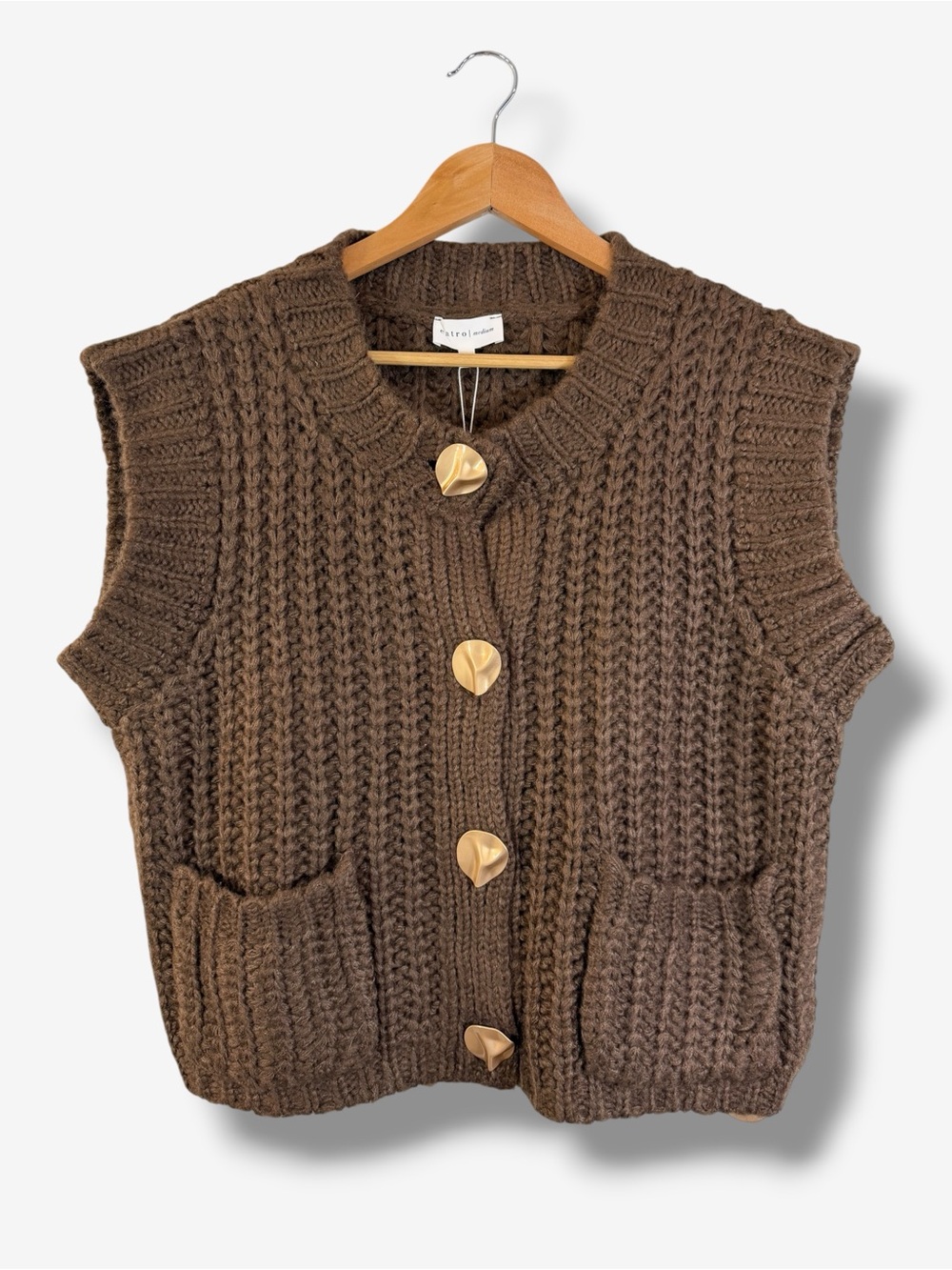 Entro Brown Cable Knit Cropped Sweater M Cardigan Sleeveless Vest Lagenlook Boho